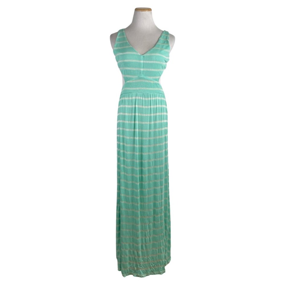 Ocean Drive Maxi Dress Size Large Teal silver Stripes Summer Backless Tank Knit